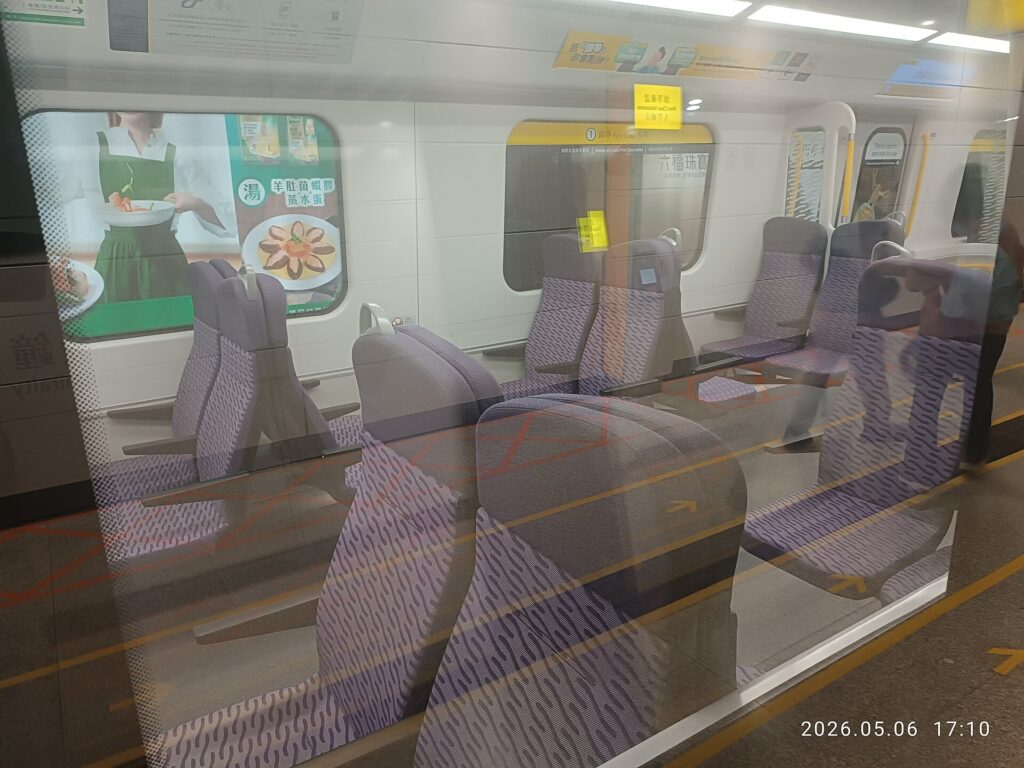 Finestrino di un treno fermo con campagna e cielo grigio oltre il vetro